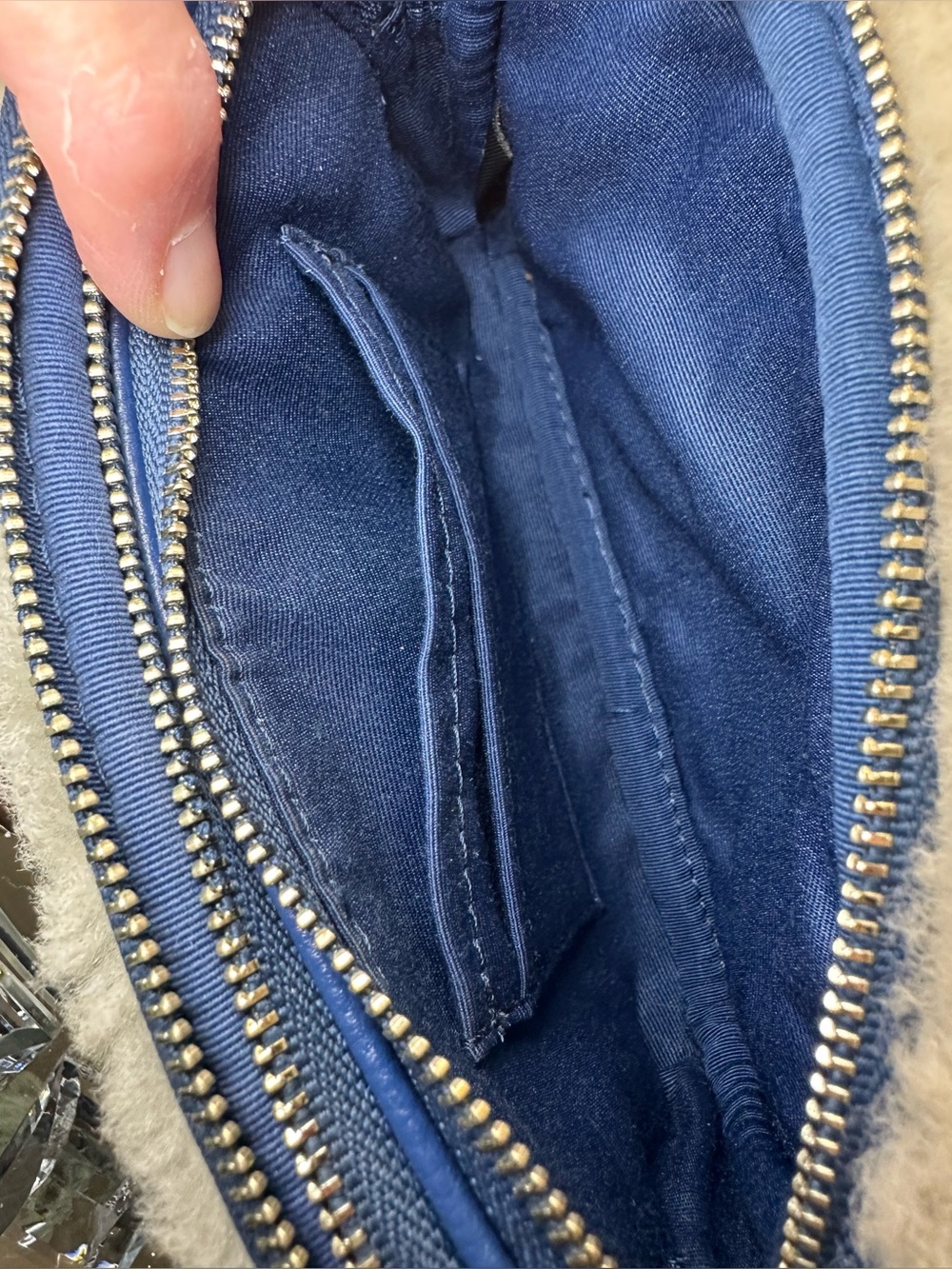 Coach Blue Pebbled Leather Crossbody with White Shearling Trim - Picture 7 of 14